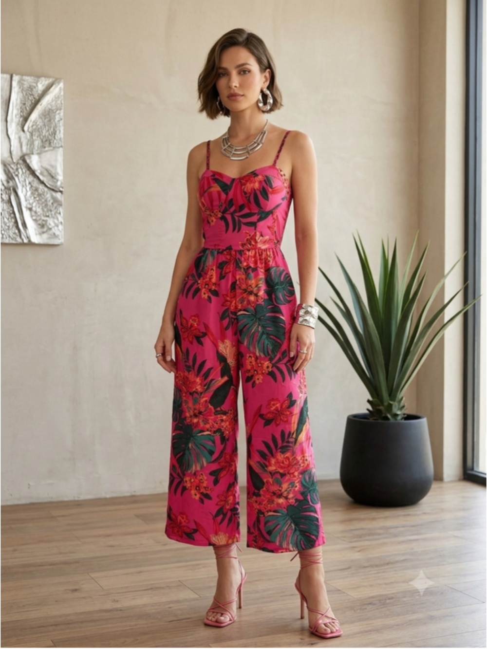 Band of the Free Pink Floral Tropical Jumpsuit XS Wide Leg Smocked Back Summer